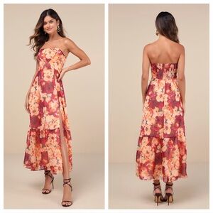 Lulus Bright Perspective Plum and Orange Floral Strapless
Midi Dress